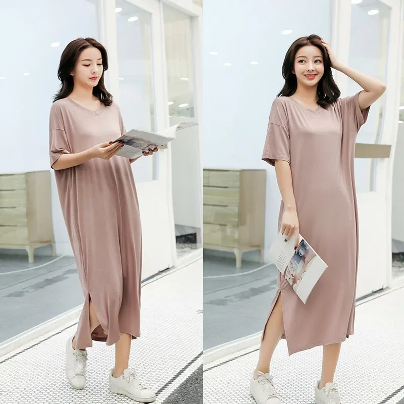 

Women Summer Khaki Dress V-neck Short Sleeve Cotton Modal Oversize Girls Loose Casual Slit Long Maxi Home Wear Hot Female Dress