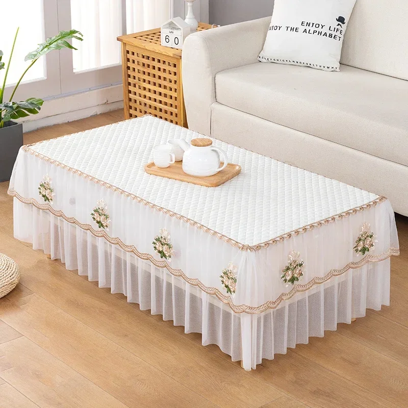 

Cotton White Rectangular Tablecloth Lace Coffee Table Dust with Embroidery TV Cabinet Double-layer All-inclusive Table Cloth