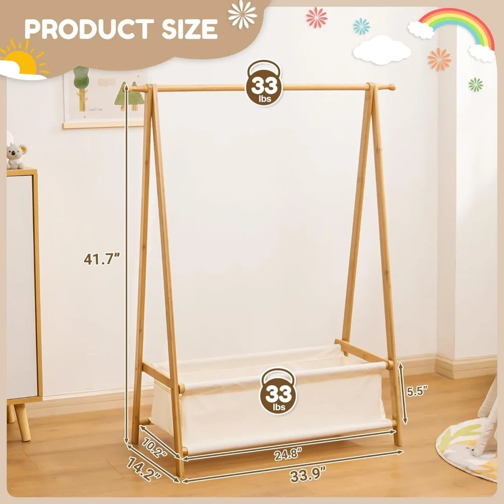 Kids Clothing Rack with Storage Box, Dress up Rack, Child Garment Rack with Hanging Rods, Small and Foldable, Bamboo (Natural)
