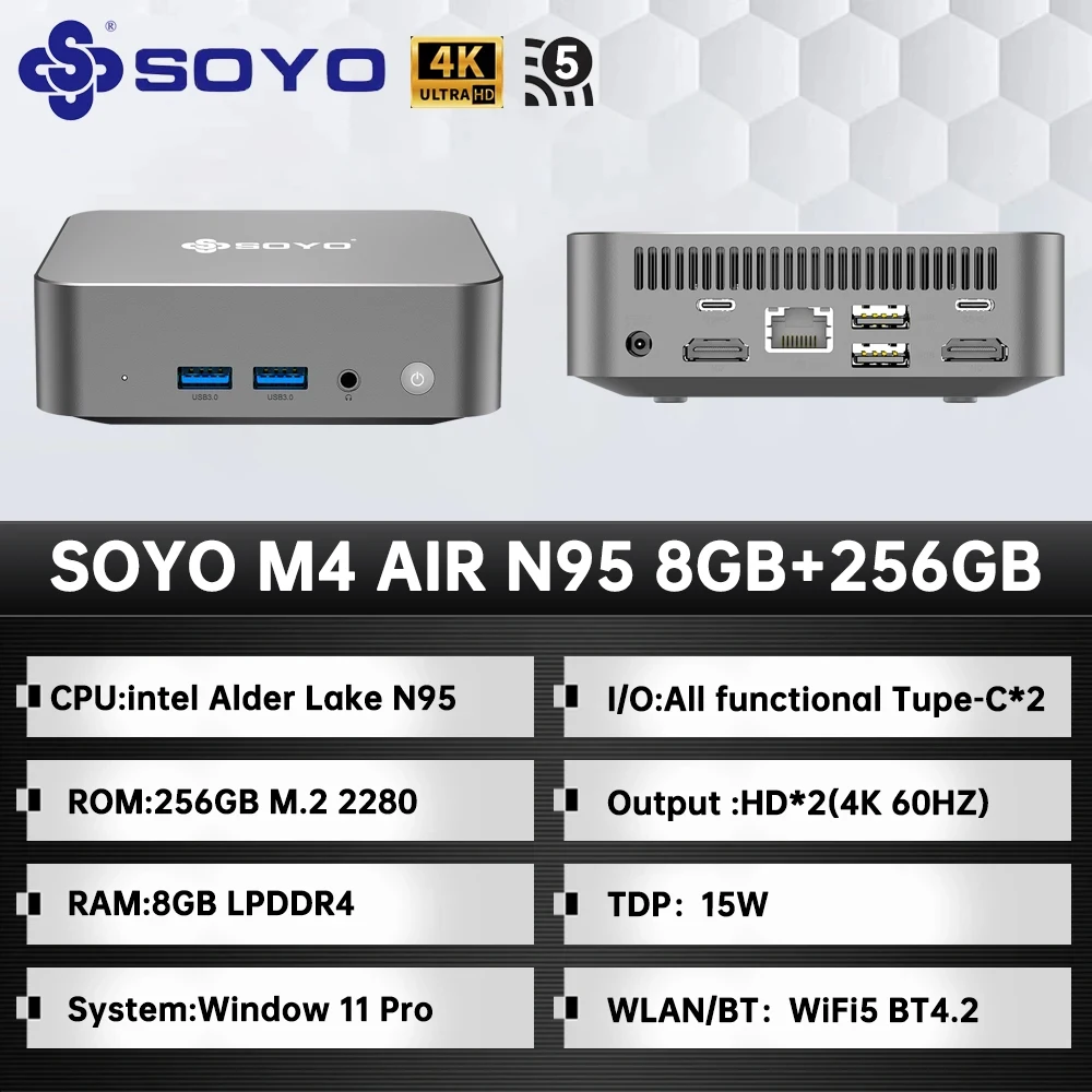 SOYO Mini Desktop Computer M4 Air, Intel 13th Gen Alder Lake N95 CPU 8GB RAM 512GB M.2 SSD WiFi5 BT5.0 Windows 11 Pro Mini PC
