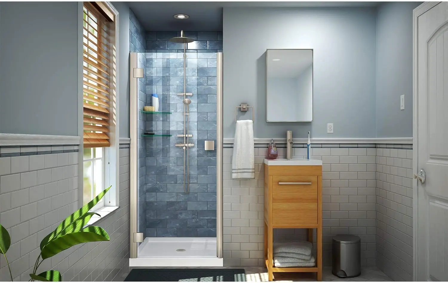 Lumen 34-35 in W by 72 in H Semi-Frameless Hinged Shower Door in Chrome Clear tempered glass shower door 5