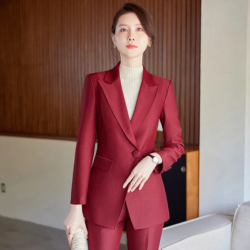 

2023 Autumn and Winter Wine Red Suit Women's Western Style Fashion Tailored Suit Business Wear Temperament Goddess Style Two-Pie