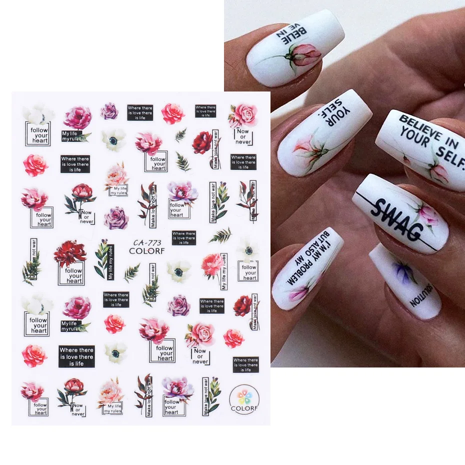 Nail Stickers Nail Art Decoration Nail Decals Flower Stickers 3D Nail Stickers Flower Cherry Blossoms Love Nail Art Decals Floral Leaf Sliders Manicure Decor Tips CHCA764-776
