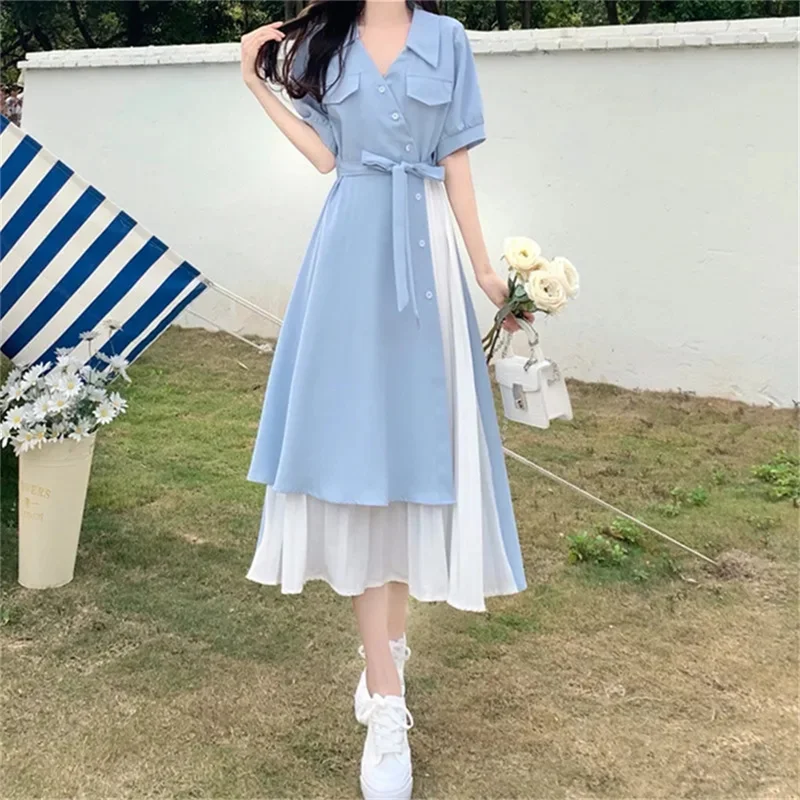 

Summer of 2023 New Retro French V-Neck Dress Was Designed with A Sense of Niche Slim Waist and Irregular Dress Ladies Shirt Dres