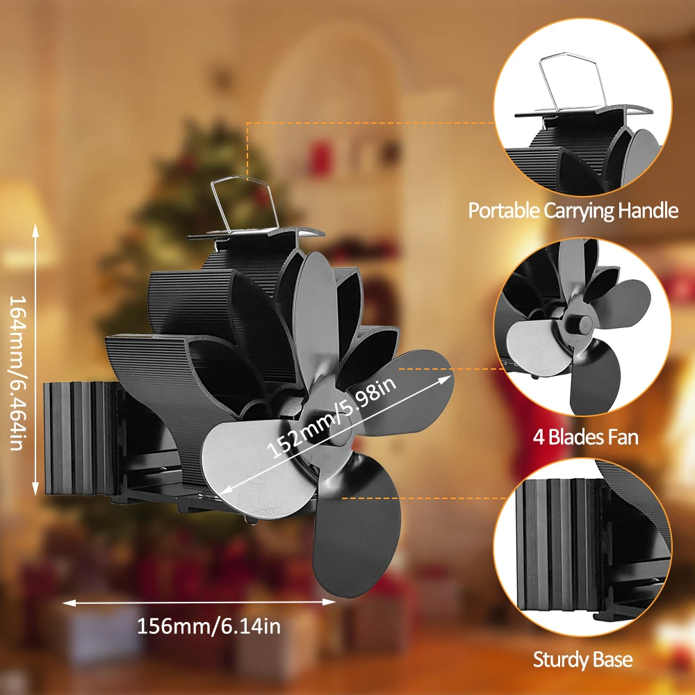 Wood Stove Fan Heat Powered Shaped Heat Distribution 4-Blade Silent Flue Pipe Hanging Fireplace Fan with Magnetic Thermometer