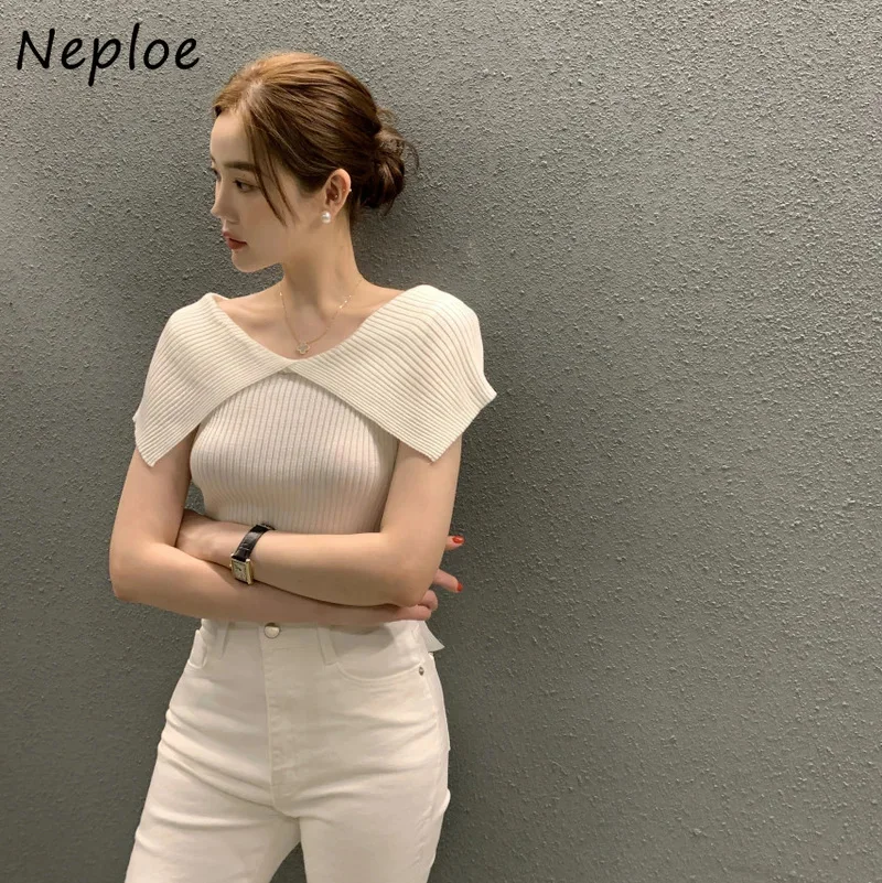 

Neplo Chic Slim Fit Off Shoulder Knitted Sweater Women Simple Elegantes Tops 2023 Summer Solid Color Lapel Short Sleeve Pullover