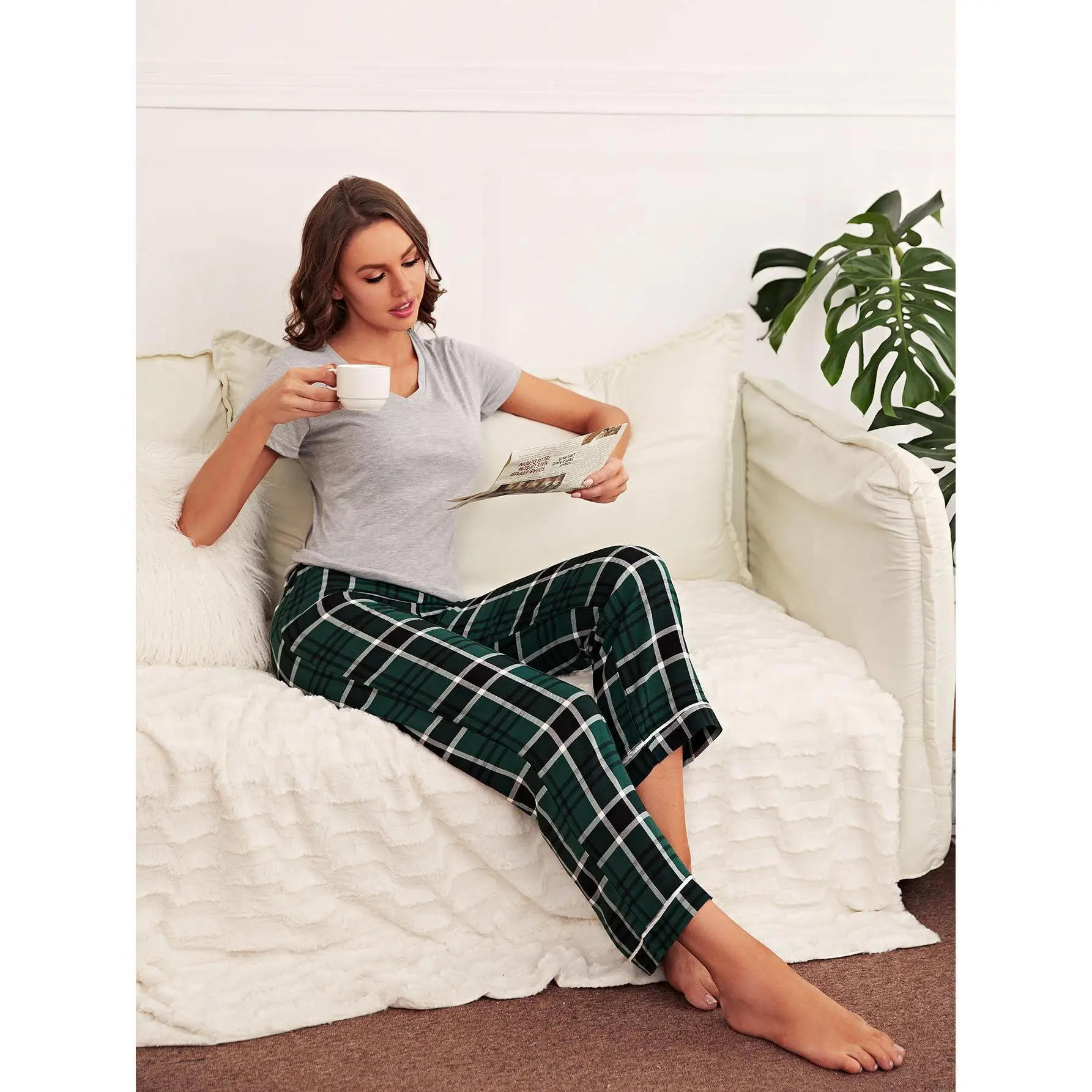 Plaid Crop Pajama Sets Cropped Short Women Mujer Conjuntos Pijamas Conjunto Pyjama Pijama Femme Ensembles outfit Lounge