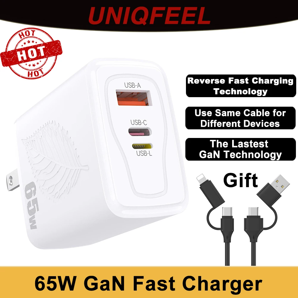 

65W GaN Charger USB Type C Fast Charging Adapter Quick Charge Reverse Charging Tech with Lighting For iPhone 15 14 Xiaomi Huawei