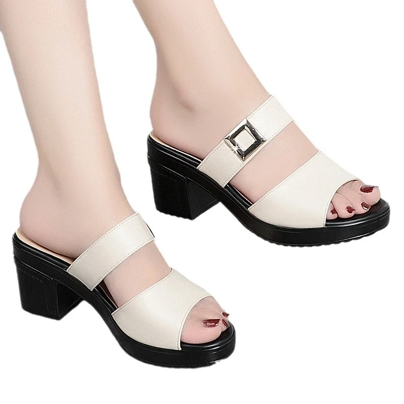 Comfort Anti-slip Soft Leather Sandals Women Summer Thick Soles High Heel Wearing Straight Line Fish Mouth Outdoor Sandals
