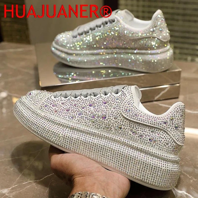 NEW Brand Women Fashion Casual Glitter Sparkling Sneakers Women Encrusted  Lace Up Shoes White Sole Fashion Street Sneakers Shiny