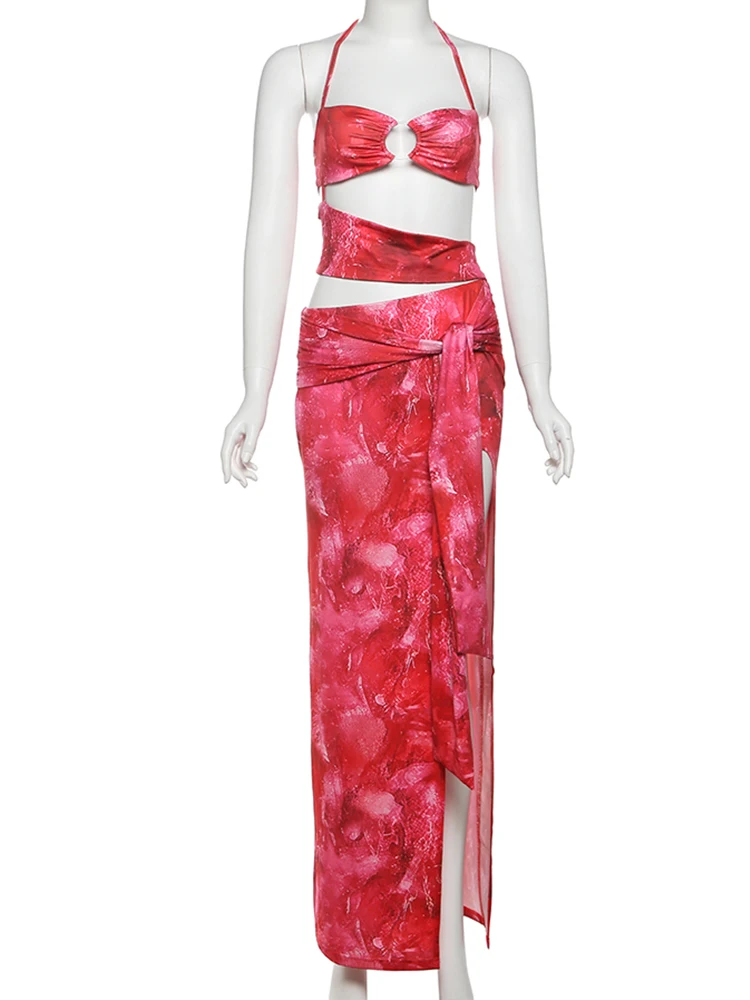 Nibber Chic Sexy Halter Dress Women 2025 Summer Strapless Metal Knot Hollow Slits Beach Party Backless Irregular Ribbon Bodycon