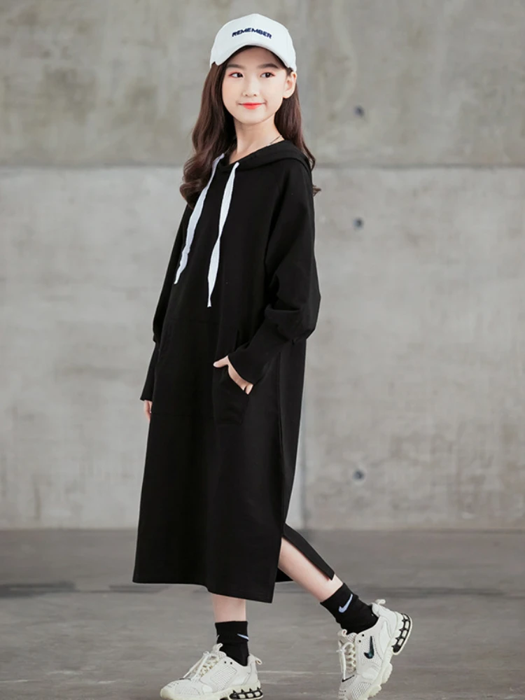 Sweatshirt Dress  Autumn Long Hoodies for Girls Loose Casual Winter Teen Children Clothes Fashion All-match Kids Child’s Sweatshirts Teens Wear 12 13 14 Year Dresses in Black