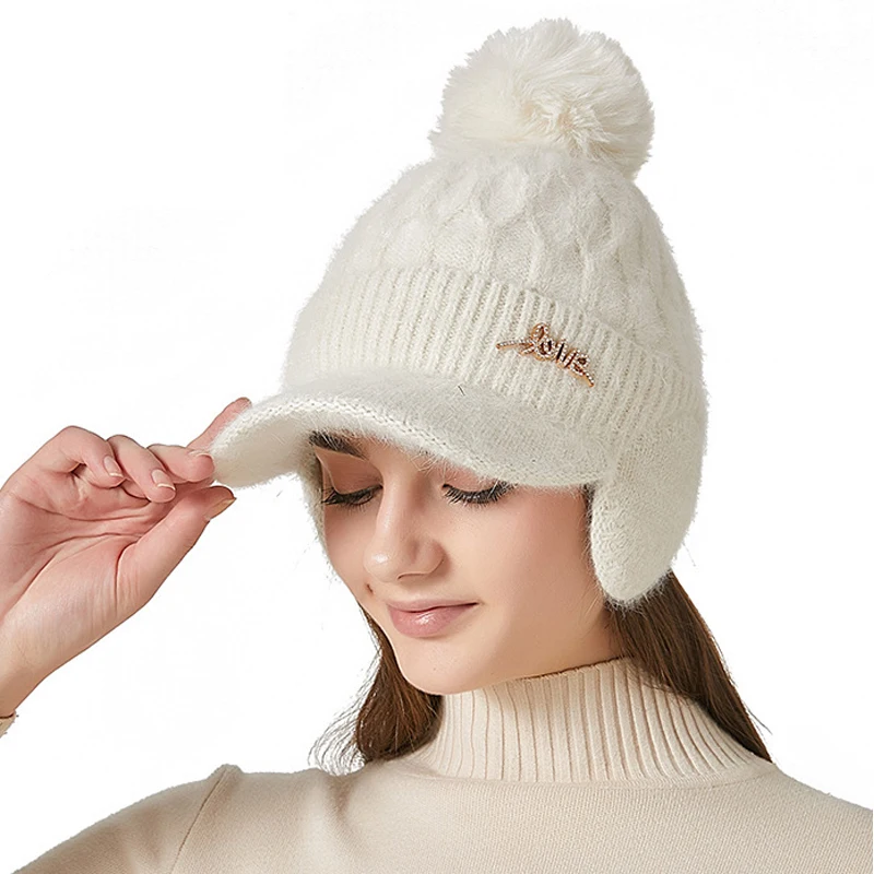 Tykke kanin høreværn Baseball kvinders vinter udendørs kuldesikret varmt hår Bolde strikket kasket Skullies Beanies_voghion.com