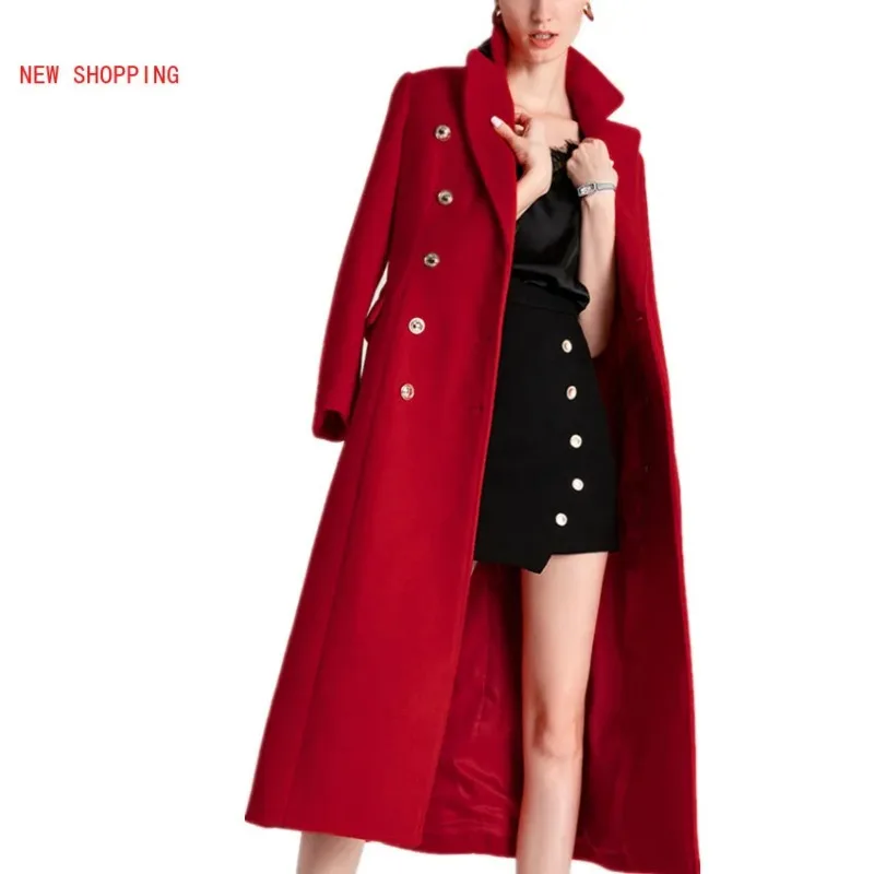 Christmas Red Overcoat Women Winter Wool Coat 2024 Vintage Elegant OL Fashion Double Breasted Long Coat Plus Size 2XL Slim-fit 2023 new knitted mink wool christmas new year sweater warm versatile couple sweater coat