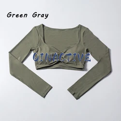 Women's Long Sleeve Crop Top Yoga Workout Shirt - Activewear Fitness Apparel - M (Green Gray)