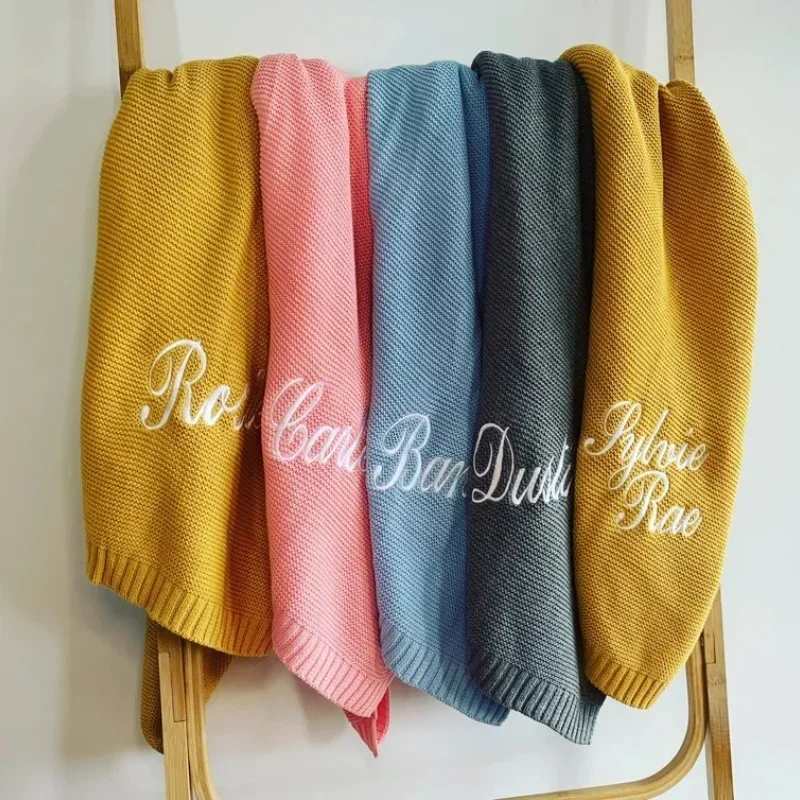 Baby Blanket,Personalized Embroidered Name,Stroller Blanket,Newborn Baby Gift ,Soft Breathable Cotton Knit, Shower Gift