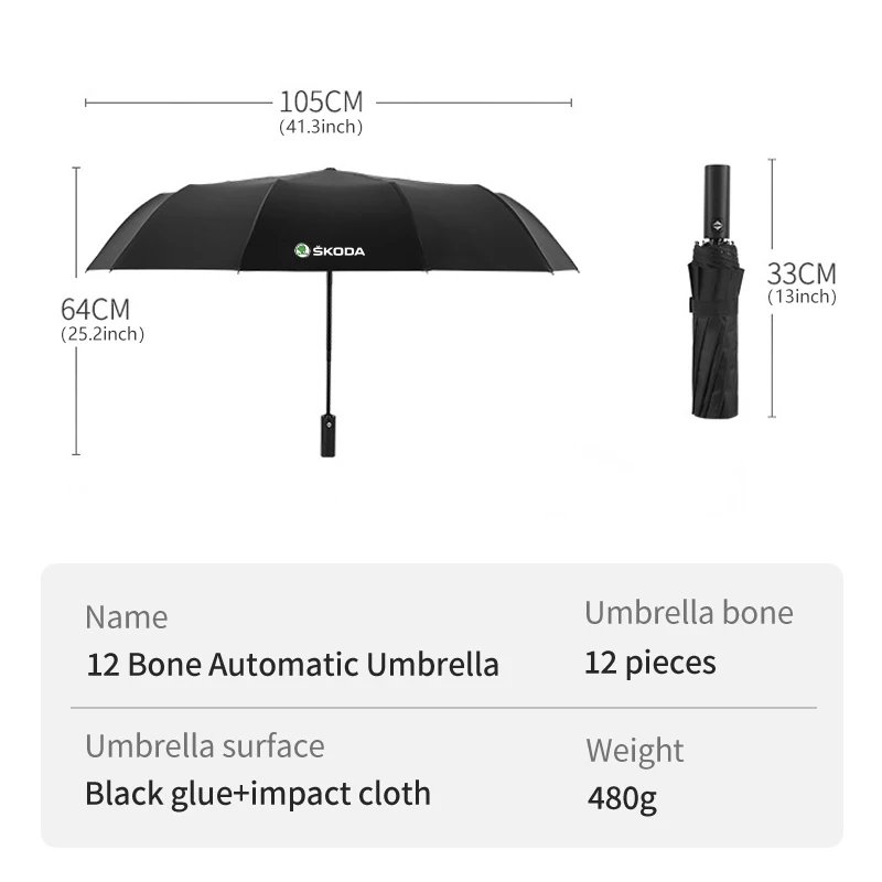 Car Logo Umbrella For Skoda 12 Bone Car Automatic Folding Umbrella Sunshade Accessories Rapid MK3 Derivative VisionS Yeti Scala Enyaq-iV