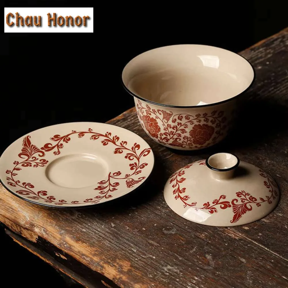 130ml Antique Cizhou Porcelain Kiln Gaiwan Boutique Tea Lid Set Tea Tureen Household Tea Maker Cover Bowl Tea Services Ornaments