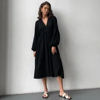 Muslin 100% Cotton Dresses Elegant Long Sleeve V-Neck High Waist Black White Midi Dress Women Robes Mori Girl Festival Clothing 3