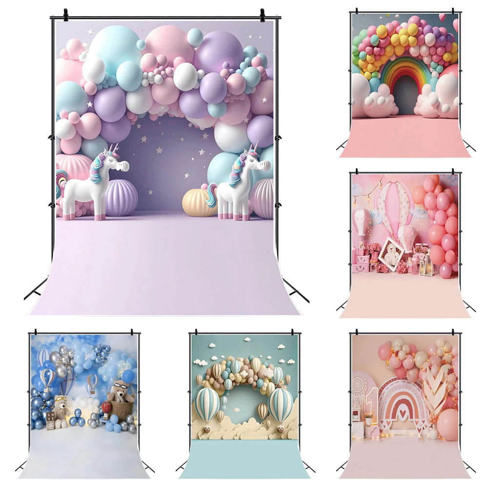 Baby 1st Birthday Photography Backdrop for Boy And Girl Baby Shower Balloon Flower Party Decor