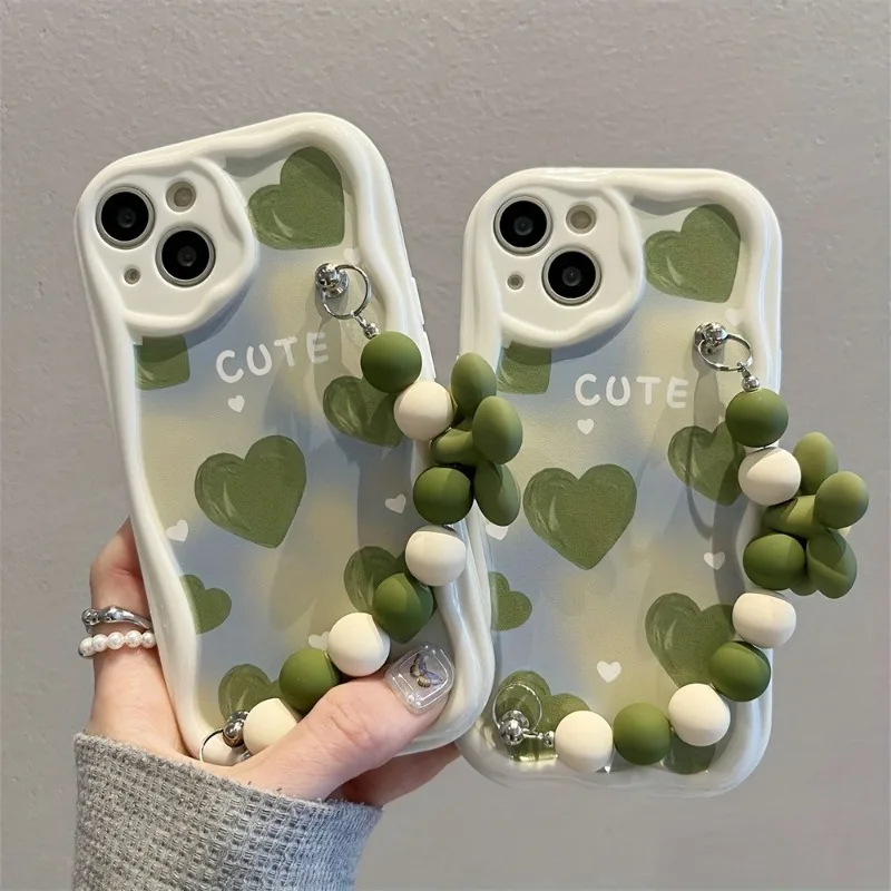 Green Heart Wavy-Edge Pattern Phone Case with Flower Bead Lanyard - Soft Cover