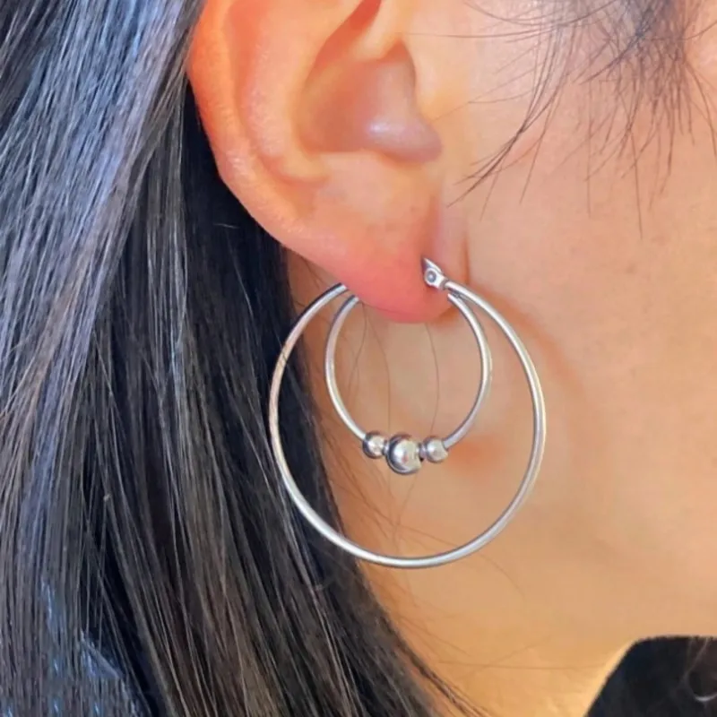 Stainless Steel Exaggerated Round Bead Hoop Earring for Women Men Smooth Design Vintage Double Rings Earring Personality Jewelry