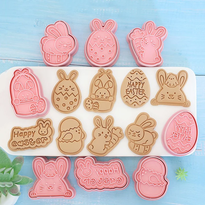 8Pcs Baking Decorating Tools DIY Easter Cookie Biscuit Mold Cartoon Bunny Egg Cookie Cutters 3D Rabbit Baking Fondant Mold Stamp