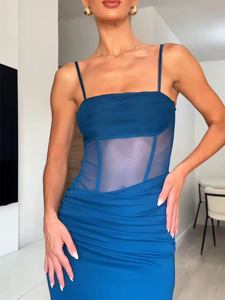 TFMLN Chic Mesh See Through Sling Dress For Women Sexy Slim Solid Backless Sleeveless Splice Dresses Lady Party Evening Robes