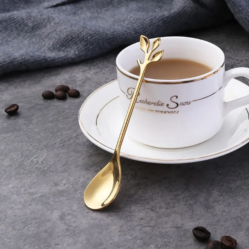 Stainless Steel Spoon 6PCS Creative Personality Stainless Steel Gold Spoons Tree Leaf Spoon Coffee Spoon Tea Home Restaurant Dessert Cutlery Set