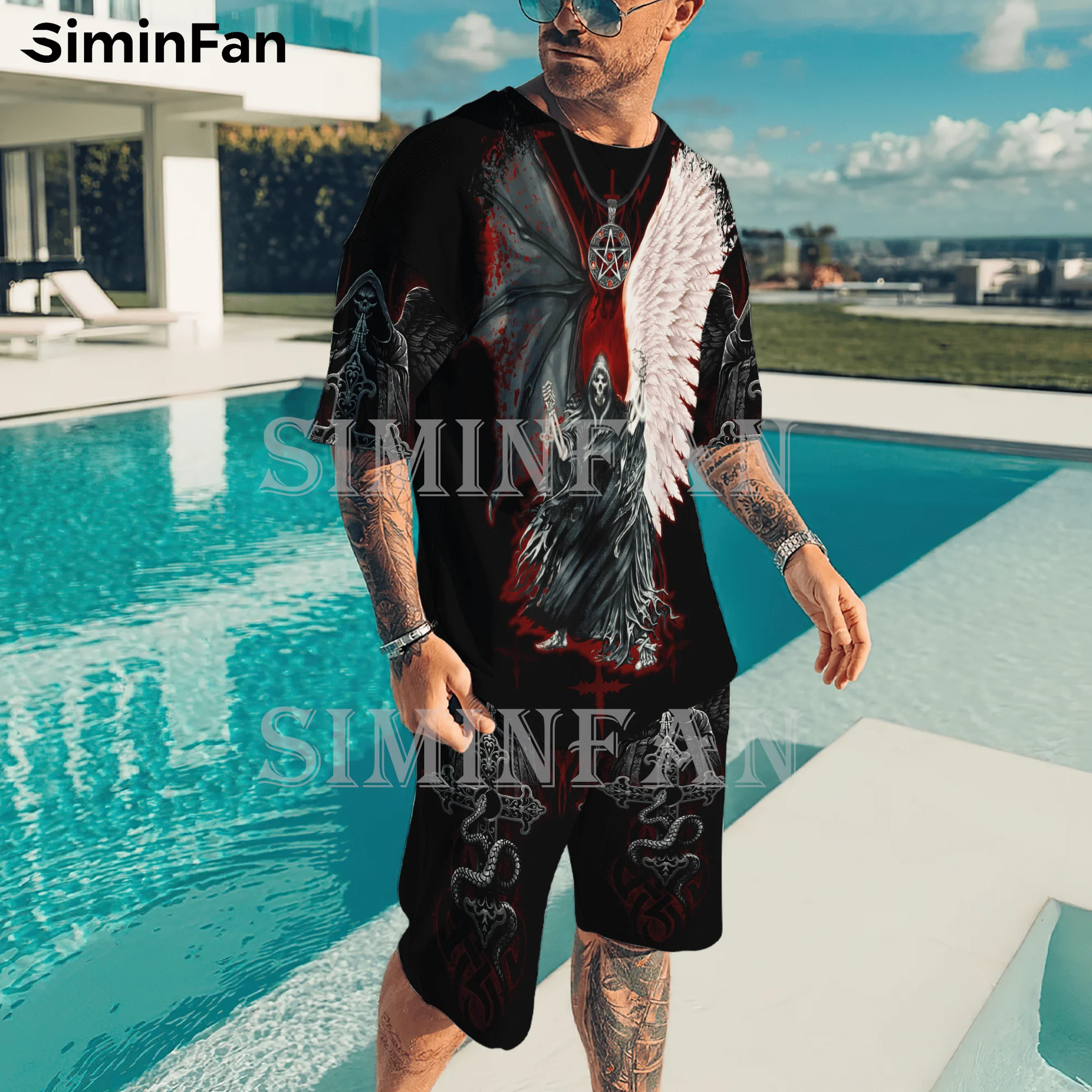 

Devil Skull 3D Printed Mens Punk Style T-Shirt Sets Summer Male Suit Tracksuit Casual Beach Short Tee Top Two-Piece Sportswear 1