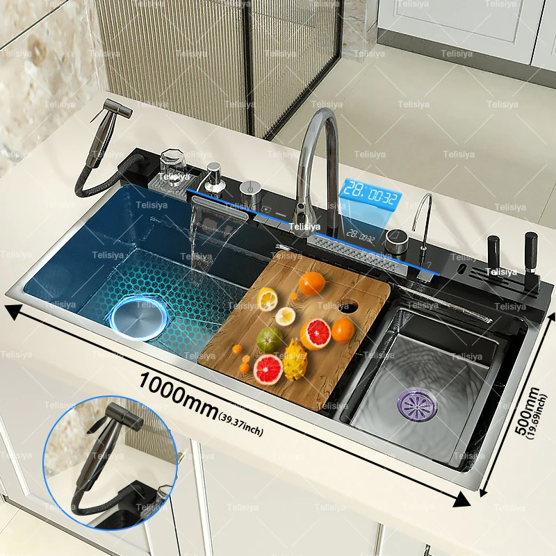 Multifunctional Stainless Steel Waterfall Kitchen Sink Embossed Extra Large Single Solt Digital Display Dishwashing Sink
