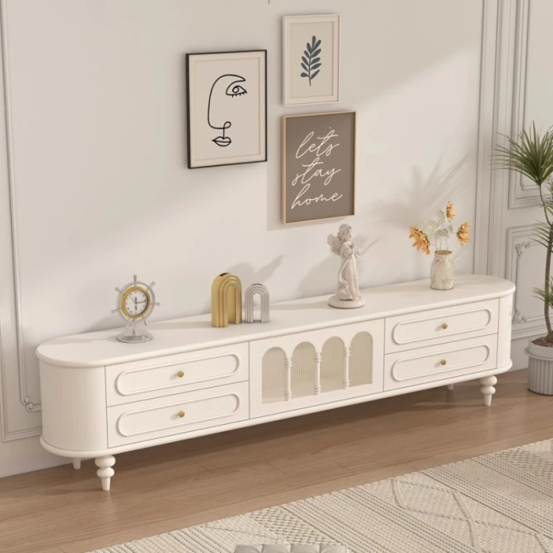 Crafted French Solid Wood TV Console Glass Coffee Table Cream Tone Finish Living Room Luxury Flair Space Saving Corner Solution