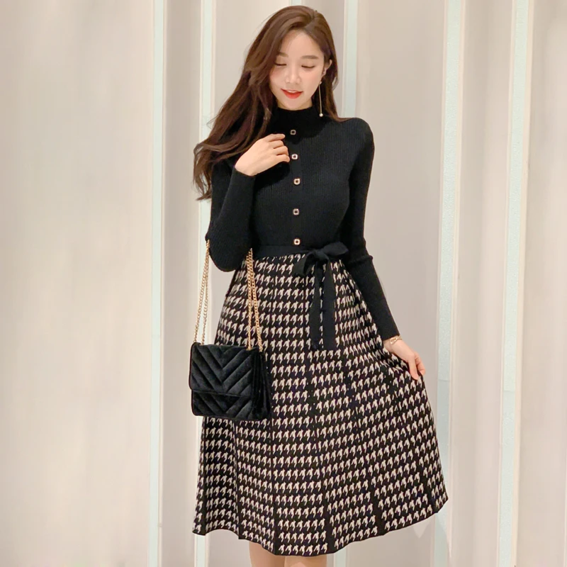 

Korean Elegant Knitted Plaid Patchwork Midi Dress for Women Long Sleeve O-neck Bird Lattice Bow Pleated Dress Autumn Winter 2023