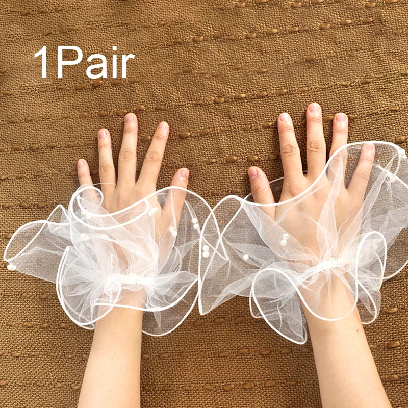 Fake Cuffs Detachable Pearl Lace Mesh Flared Sleeves Women Pleated Wristband Wrist Warmers 1Pair