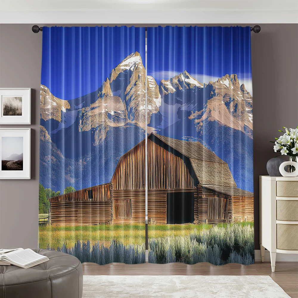 2pcs, spring summer Curtains Moulton Barn and Grand Teton National Park Prints Light Filtering Curtains Versatile Fabric 2