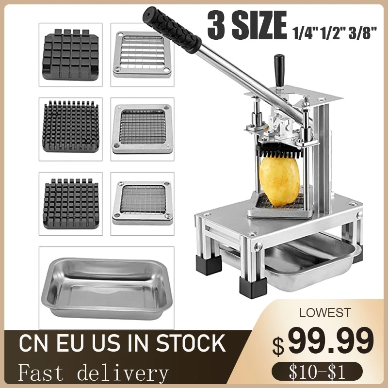 Commercial Stainless Steel Potato Chipper, Fruit Vegetable Slicer, French Fries Cutter, 3 Blades, 1/4 ", 1/2", 3/8"