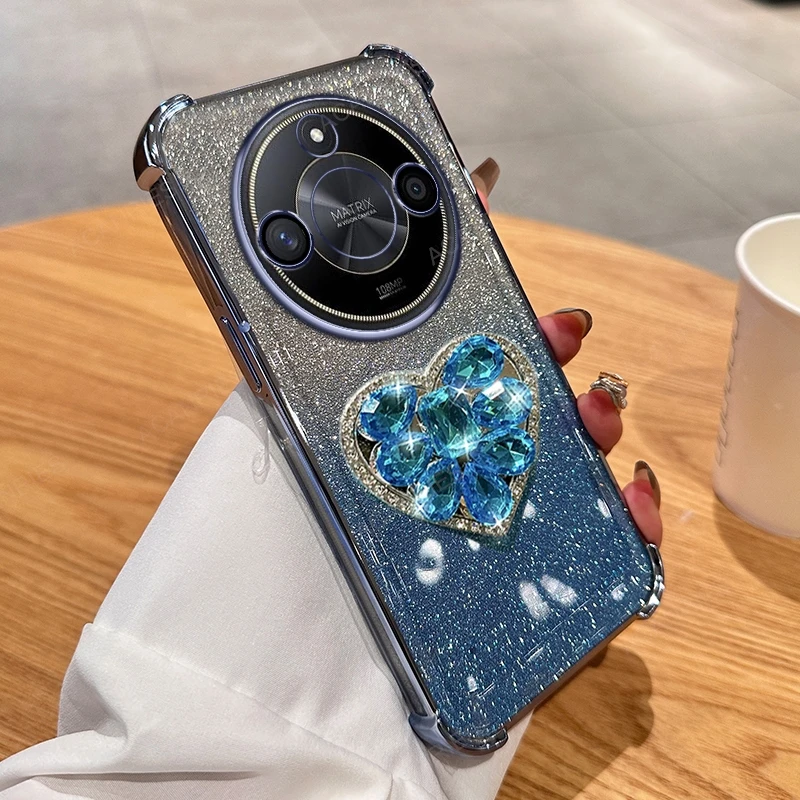Diamond Heart Stand Four-Corner Anti-Shock Plating Phone Case
