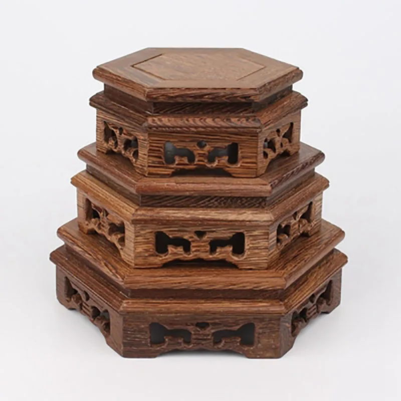 Wood Carving Hexagon Base, Vase, Teapot, Flower Vases, Crafts Decoration, Jade Stone Wooden Base