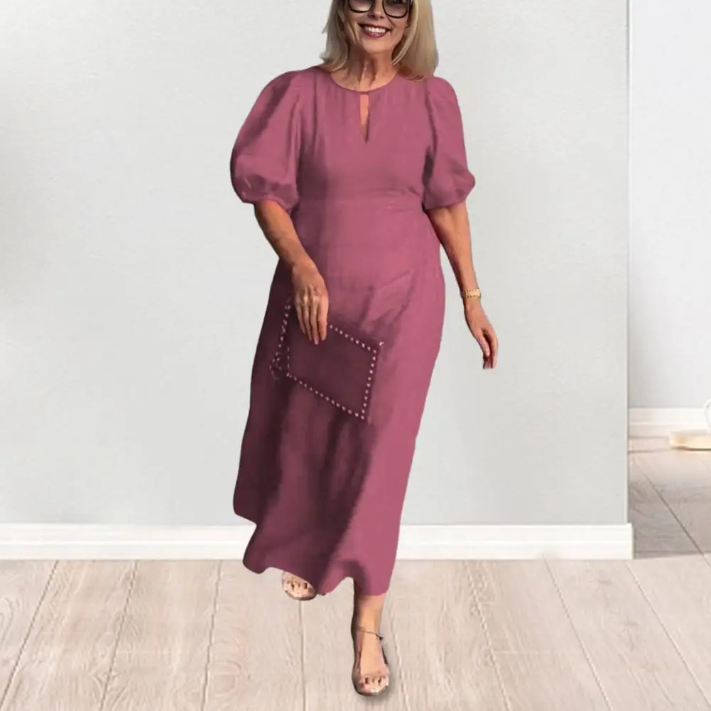 

Women Dress Hollow Out Short Puff Sleeves Dress Pure Color A-line Ankle Length Commute Daily Wear Maxi Dress