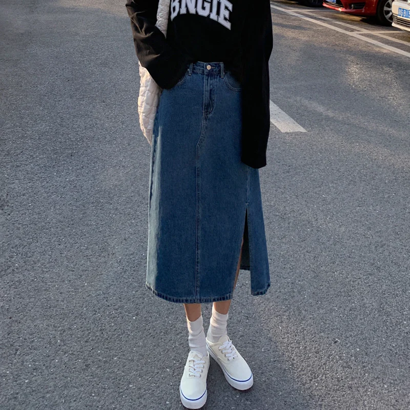 

Sexy Womens High Waist Denim Skirt Harajuku Slim Long Skirts Side Slit Korean Style A-line Skirt 2022 Fashion Female Bottoms