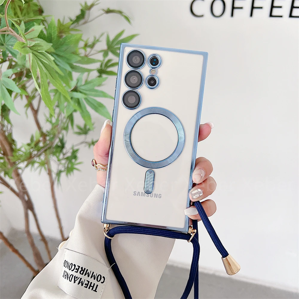 Magnetic Clear Plating Crossbody Necklace Lanyard Case with Lens Glass Cover