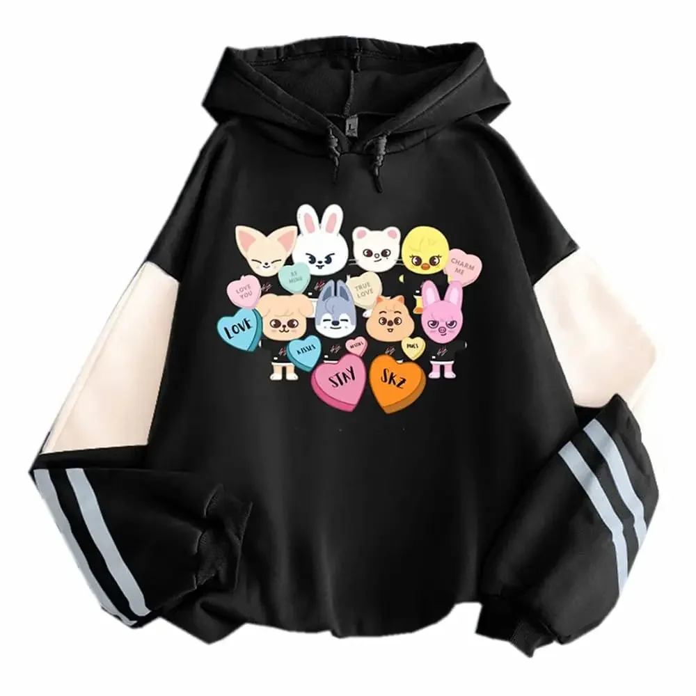 Casual Loose Long Sleeve Hoodie 2025 New Style Unisex Autumn Color Block Cartoon Mascot Print Comfortable Streetwear Sweatshirt