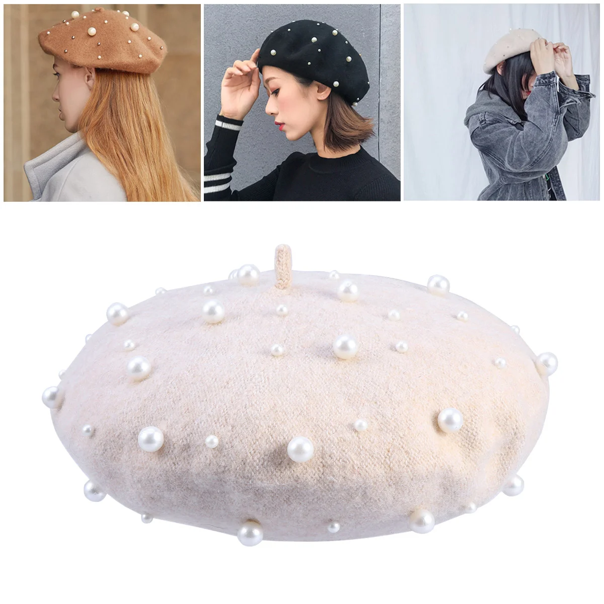 

French Beret Pearl Beaded Artist Beret Color Warm Beanie Cap French Painter Hat for