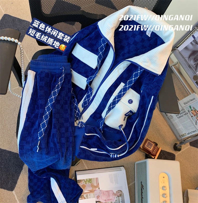 Women Fashion Trousers Blue White Suit Jacket Coat Top And Wide Leg