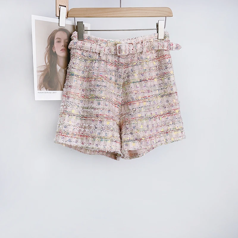 Runway Designer Sequined Tweed Shorts Women High Waist Slim Small Fragrance Pink Plaid Wide Legs Straight Suit Shorts with.belt