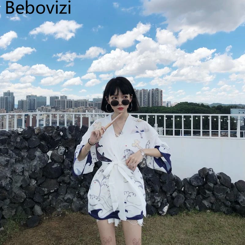 Bebovizi Japanese Fish Print Kimono Cardigan Harajuku Traditional Women Cosplay Yukata Female Obi Black Streetwear Haori Beach