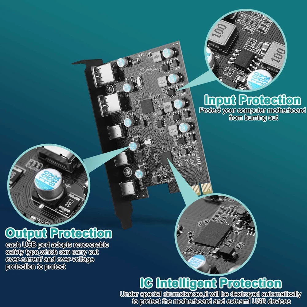 Pcie Adapter Card Pcie Expansion Card Pcie Usb Adapter Card 5 ports 5Gbps PCIE Expansion Card PCIE 1X To 5 Port Type C USB A USB 3.0 Adapter Controller PCI Express Riser Card Extender