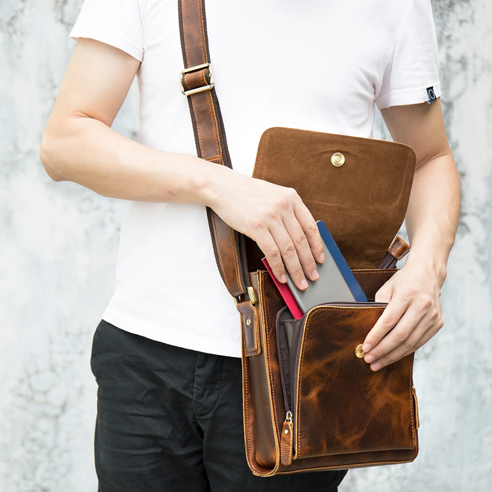 ART N VINTAGE Genuine Leather Mini Crossbody Bag for Men - Small Crossover Shoulder Sling Mens Handbag - Travel Bag Man Purse for Office Work