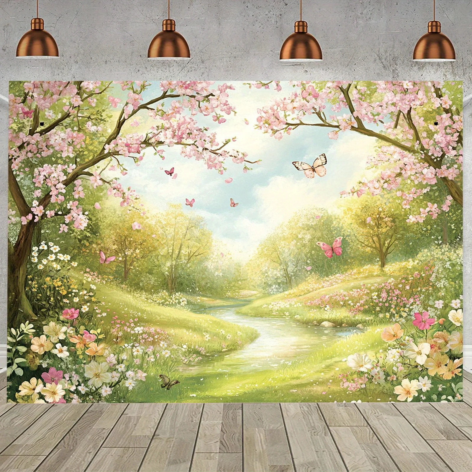 Ein farbenfrohes Blumen- und Gras-Party-Banner – strapazierfähige Frühlingsszene aus Polyester mit Kirschblüten, Schmetterlingen und Bächen – Detail 1