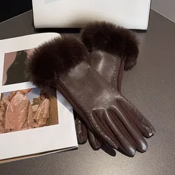 Women's PU Leather Winter Gloves with Faux Fur Trim and Thermal Lining (Brown)